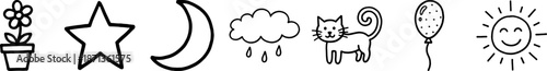 Simple black and white line art icons depict common objects like a flower, star, moon, cloud, cat, balloon, and sun.