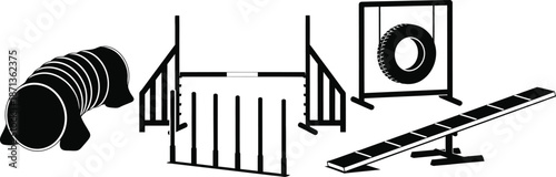 Silhouette vector set of 5 dog agility obstacles tunnel jump tire weave poles and teeter totter