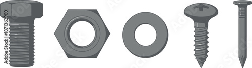 Set of 5 hardware fasteners flat illustration bolt nut washer screw and nail