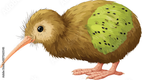 Cute Kiwi Bird Cartoon Vector with Outline Isolated on White Background