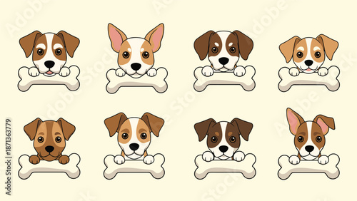 Cartoon puppy faces peeking over white bone shaped banners in grid layout featuring different colors and ear shapes for dog lovers.