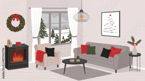Cozy living room decorated for Christmas with sofa and fireplace
