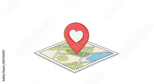 Map illustration with a red location pin featuring a small white heart to indicate a favorite or romantic place.