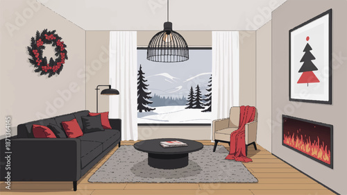 cozy living room interior with winter scenery outside window and christmas decor