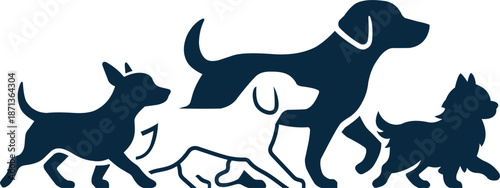 Logo design of a group of dogs of various breeds running.