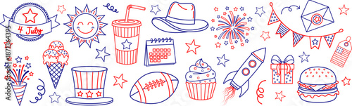 Independence day celebration doodle set with patriotic food hat cupcake fireworks balloons american symbols festive party outline sketch elements