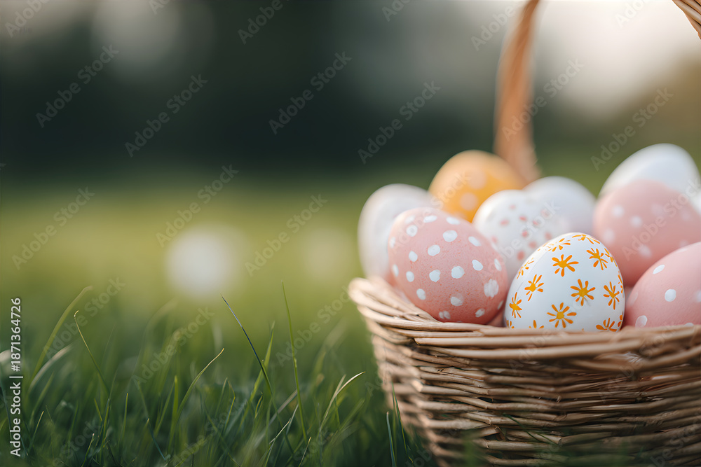 Fototapeta premium Wicker basket with colorful decorated Easter eggs on green grassy field with copy space. Traditional Spring holiday celebration.