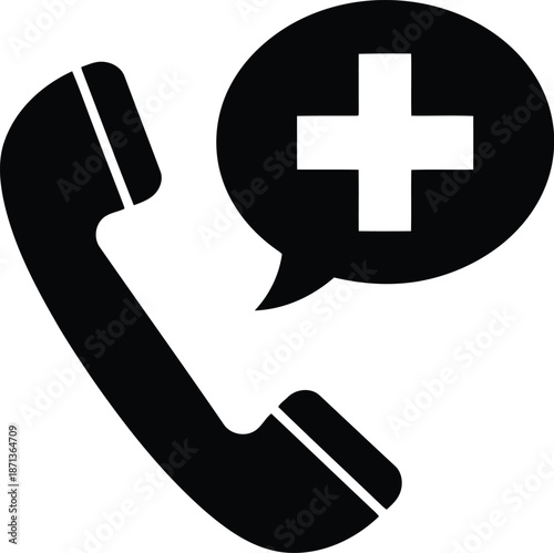Emergency phone call icon with speech bubble and plus symbol for medical or urgent assistance