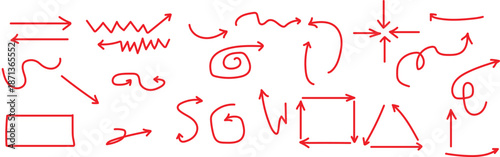 Collection of hand drawn red arrows and shapes on white background