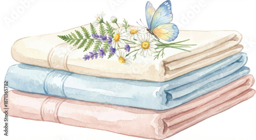 A watercolor vector illustration of a neatly stacked pile of soft, folded towels or blankets in pastel