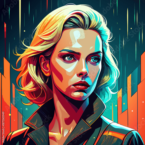 A rainsoaked blonde femme fatale illustrated in a vibrant digital style, showcasing textures in modern cartoon art.