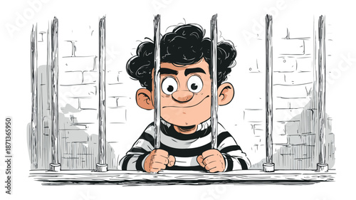Cartoon Prisoner Vector Illustration with Outline on White Background