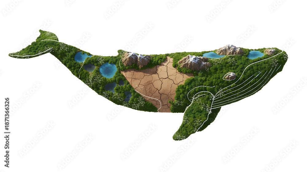 Fototapeta premium Conceptual representation of a whale as a miniature world with diverse ecosystems illustration
