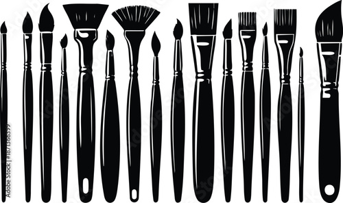 Collection of diverse paint brushes artistic tools for drawing and painting isolated on white background for creative projects