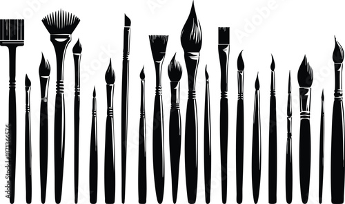 Collection of diverse paint brushes artistic tools in silhouette for creative design isolated on white background