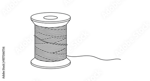 Single spool of wound sewing thread with a loose end shown in a clean and simple black and white line art drawing for craft and textile themes.