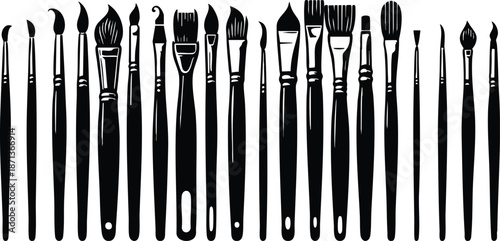 Collection of diverse black paint brushes artistic tools for drawing and painting isolated on white background