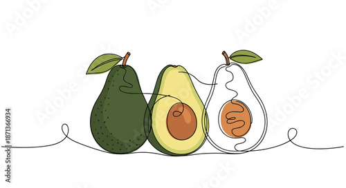 Trio of ripe avocados including a whole fruit and two halves with seeds depicted in a minimalist continuous line drawing style with color.
