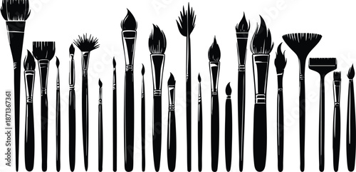 Collection of diverse black paint brushes artistic tools in silhouette for creative design projects isolated on white background