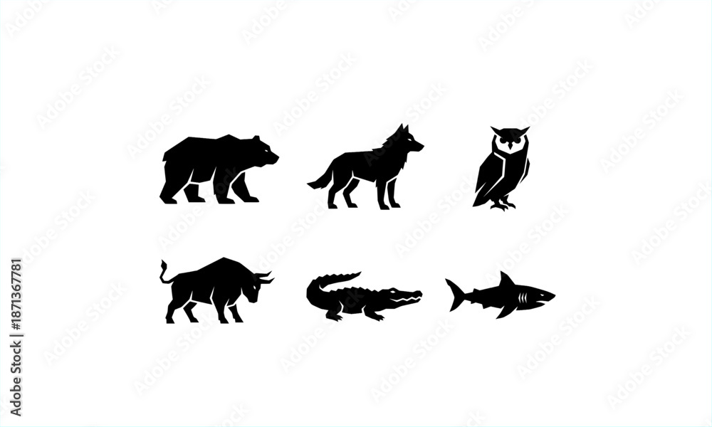 Fototapeta premium Black wildlife silhouettes set featuring bear, wolf, owl, wild boar, crocodile, and shark. Flat animal icon collection isolated on white background, suitable for design and illustration.