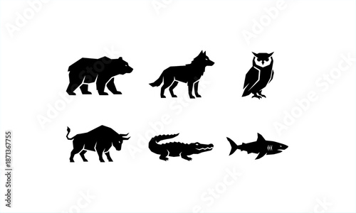 Black animal silhouettes set showing bear, wolf, owl, wild boar, crocodile, and shark. Simple flat wildlife icon collection isolated on white background, suitable for graphic and web design.