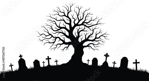 Spooky silhouette of a gnarled dead tree in a graveyard with various tombstones and crosses under a clear white sky.