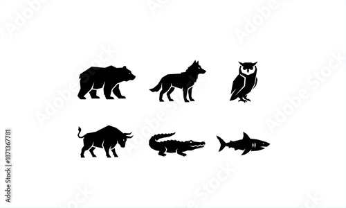 Black wildlife silhouettes set featuring bear, wolf, owl, wild boar, crocodile, and shark. Flat animal icon collection isolated on white background, suitable for design and illustration.