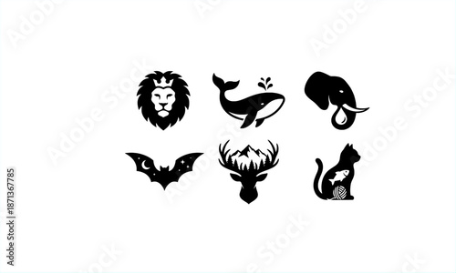 Black animal silhouette set featuring lion head, whale, elephant, bat, deer head, and cat. Minimal flat wildlife icon collection isolated on white background, ideal for graphic design.