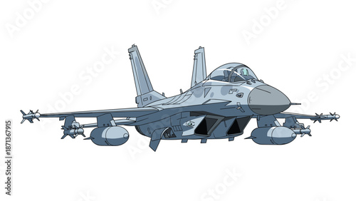 Detailed vector illustration of a modern military fighter jet armed with missiles and fuel tanks, shown from a front angle.