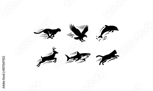 Dynamic animal silhouette vector set showing running horse, flying eagle, jumping dolphin, leaping deer, swimming shark, and running wolf in motion style, suitable for logo, sport, nature, and creativ