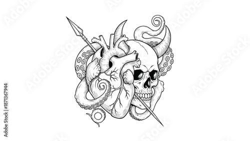 Black and white line art of a surreal composition with a human skull, anatomical heart, octopus tentacles, and a spear.