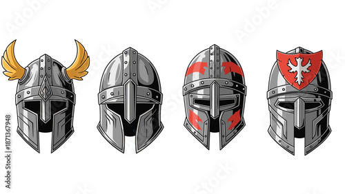 Set of four medieval knight helmets in a pixel art or vintage video game style, including winged and battle-damaged versions.
