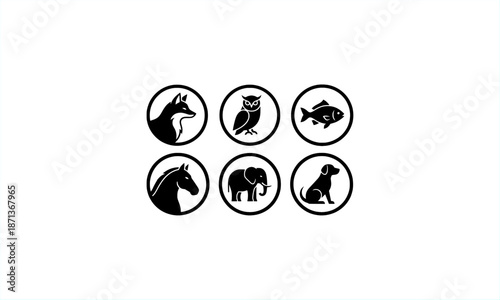 Animal icon set in circular frame featuring horse, owl, fish, dog, elephant, and wolf silhouettes in clean black vector style suitable for logo, app, infographic, and graphic design