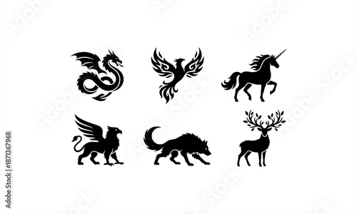 Mythical creature silhouette vector set featuring dragon, phoenix, unicorn, griffin, wolf, and deer in black fantasy style suitable for logo, tattoo, emblem, and creative design