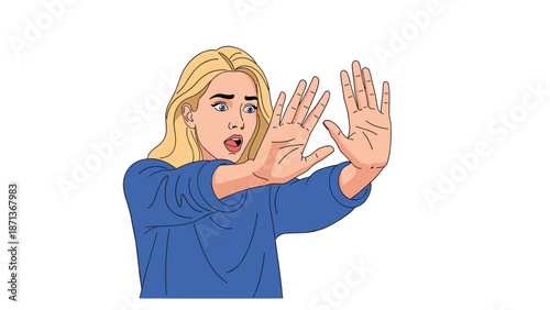 Scared young blonde woman with a look of terror holding her hands up in a defensive stop gesture, isolated on white.