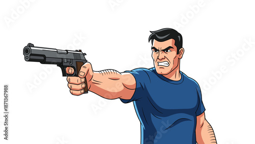 Angry muscular man in a blue t-shirt pointing a handgun with a determined expression, isolated on a white background.