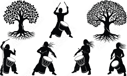 Silhouette drummers under trees, black vector illustration, rhythmic cultural expression, nature and music fusion, artistic outdoor percussion scene