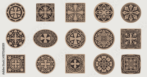 Collection of vintage ornamental cross designs in intricate black and white vector style for decorative projects, branding, logos, labels, posters, religious artwork, and classic graphic design use.