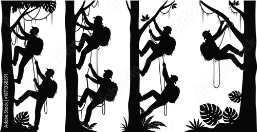 Tree-climbing adventure silhouette, helmeted climbers with ropes and backpacks, tropical foliage scene, black vector art, outdoor exploration illustration