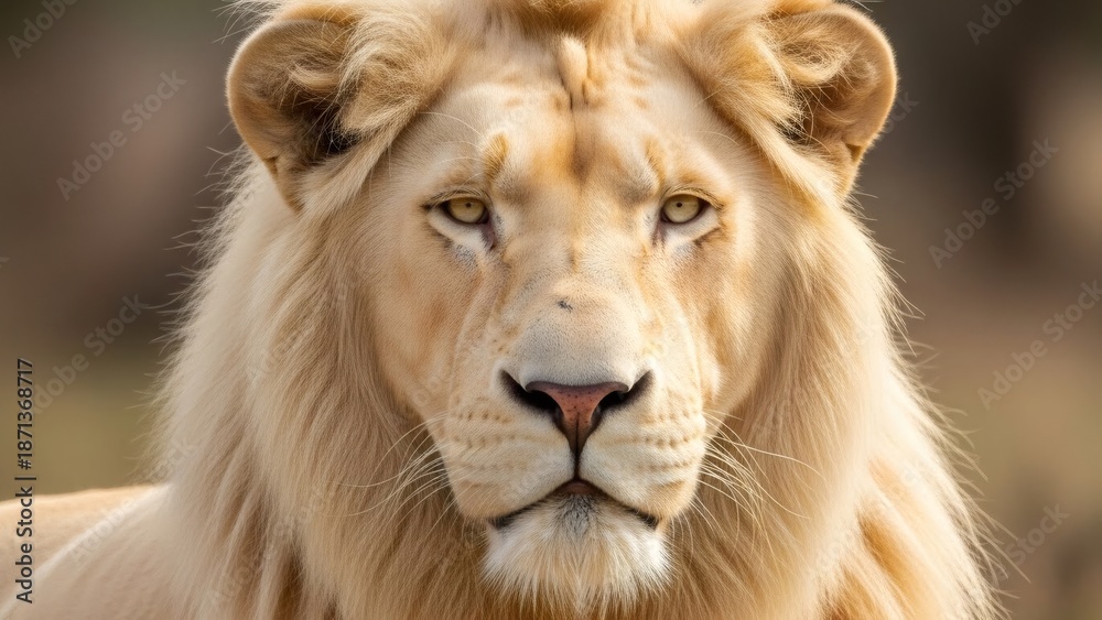 Fototapeta premium Majestic white lion face, close up portrait with expressive eyes. Concept of wildlife, nature conservation, and animal power.