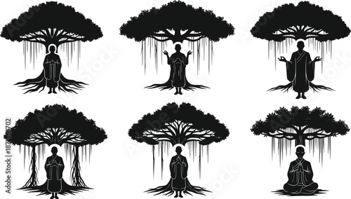 Meditative monks under stylized trees, spiritual silhouette scene, hanging vines and roots, black vector art, nature contemplation illustration