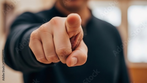 Man pointing his index finger directly at viewer. You are chosen concept, accusation or selection gesture. Motivation and blame.