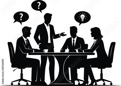 Silhouette of four business professionals seated around a table during a meeting where some seek answers and others conceive innovative solutions for complex problems