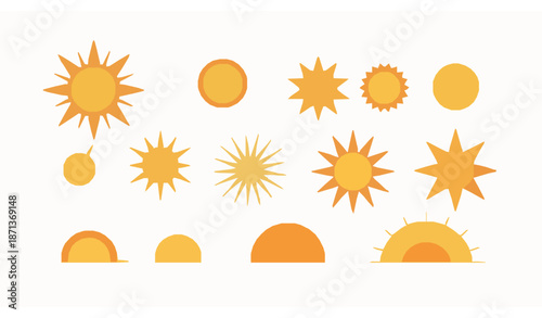 Cute summer sun icons flat vector collection with sunrise and sunset designs