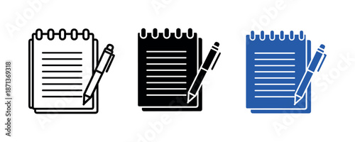 Set of lined notebooks with attached pen in black, blue, and outline styles