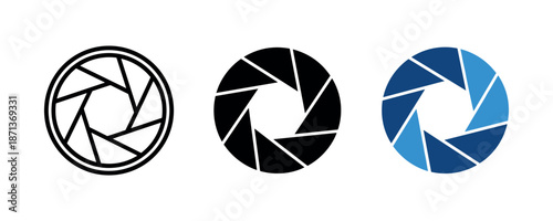Three aperture icons: monochrome and blue variations of camera shutter symbols