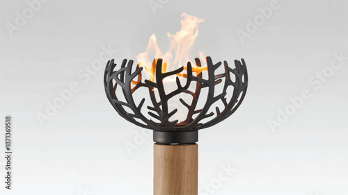 Decorative outdoor fire pit with wooden base and metal bowl