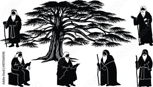 Elder robed figures around cedar tree, wisdom and reflection silhouette, spiritual guidance scene, black vector art, symbolic illustration