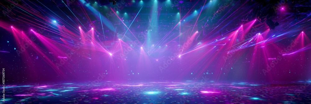 Fototapeta premium Dynamic background with colorful laser beams and falling confetti. Vibrant party scene showing crossing neon light effects and sparkling glitter