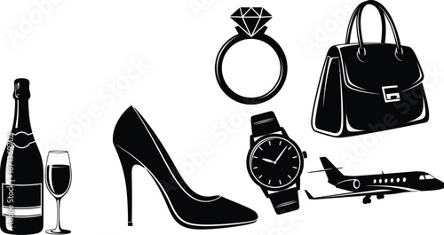 Collection of black silhouette icons representing luxury wealth status symbols including a sports car a diamond ring a handbag a wristwatch a private jet and champagne